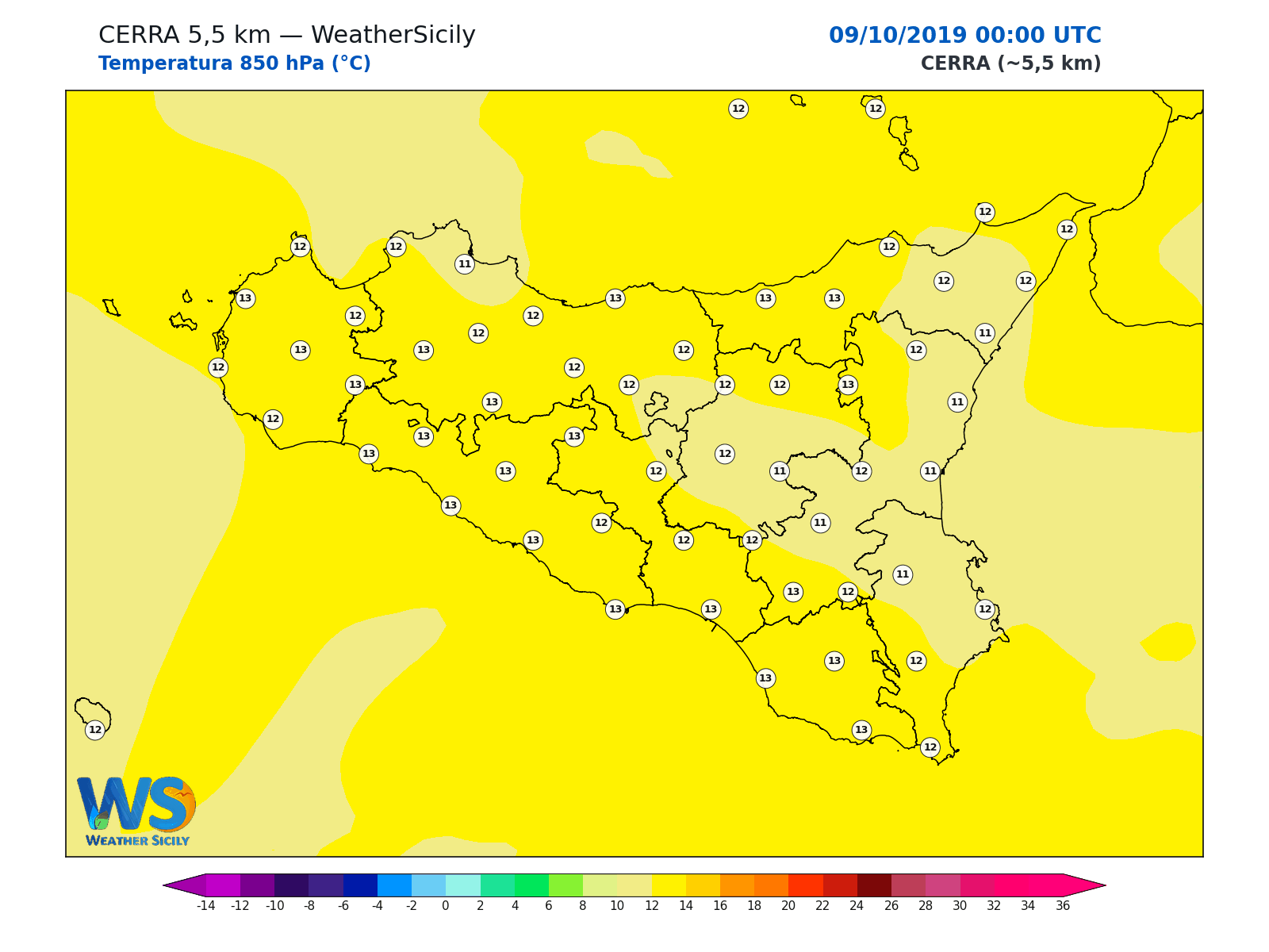 Temperatura a 850 hPa · 2019100900
