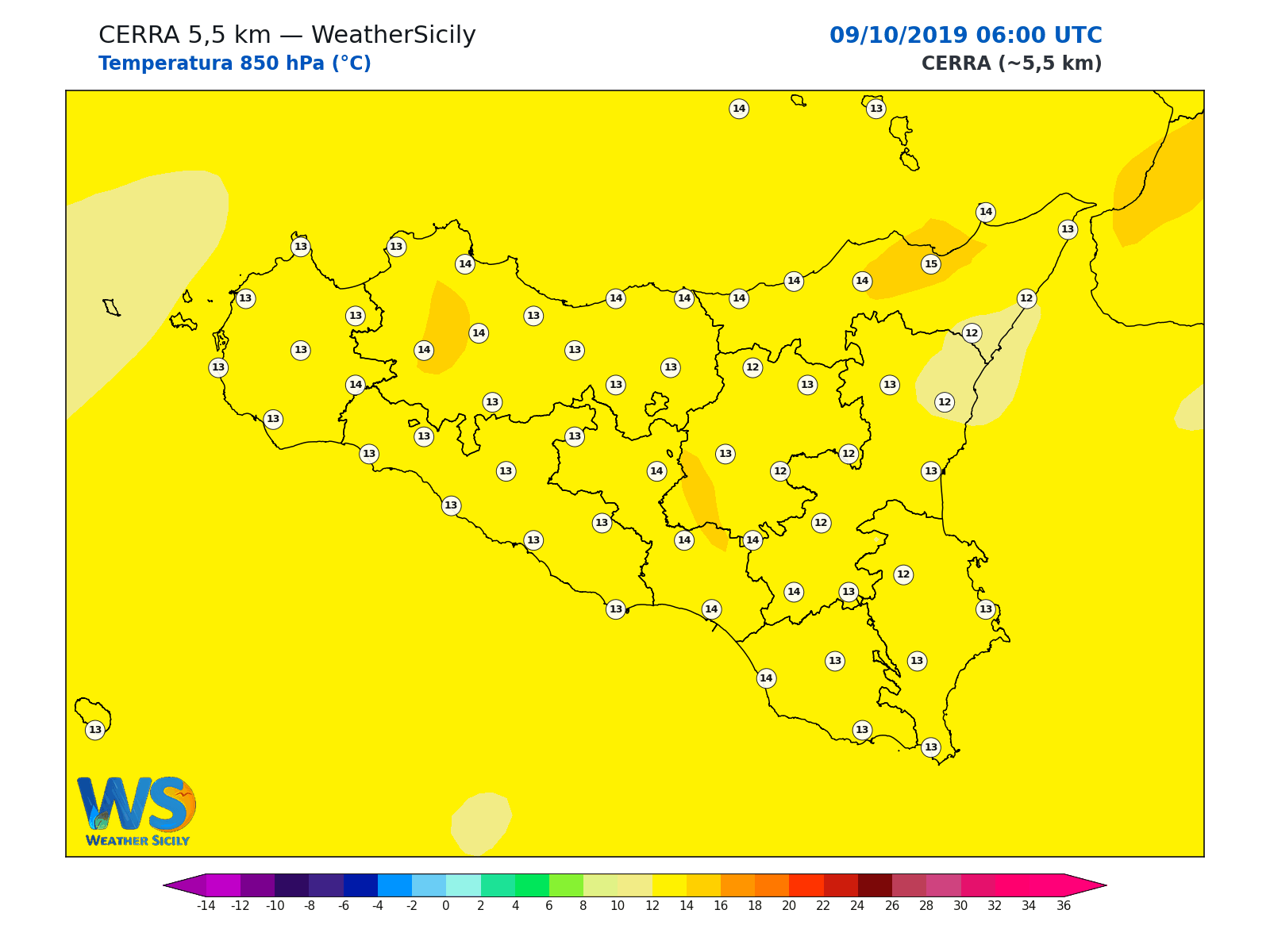 Temperatura a 850 hPa · 2019100906