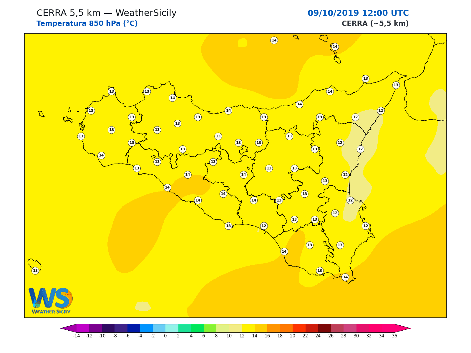 Temperatura a 850 hPa · 2019100912