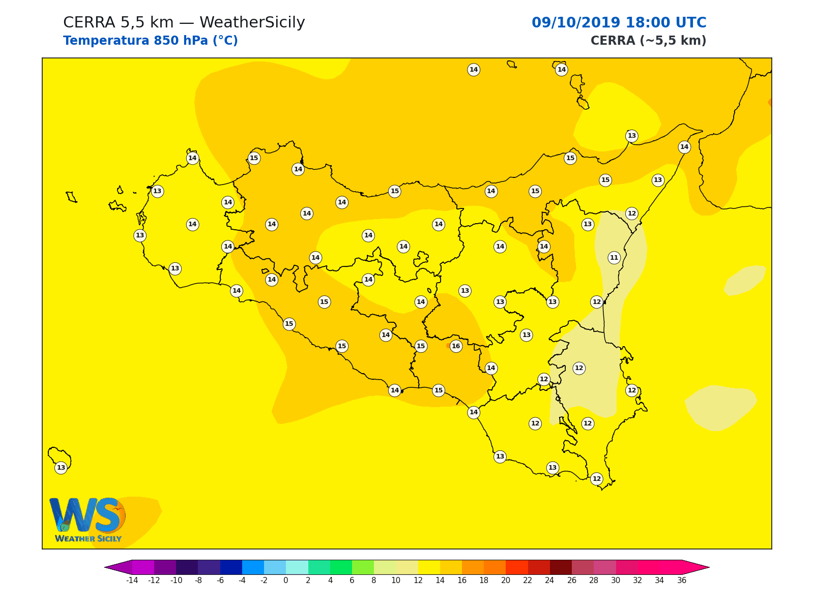Temperatura a 850 hPa · 2019100918