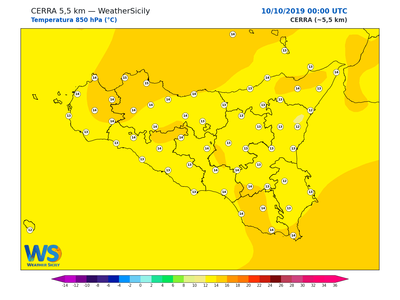 Temperatura a 850 hPa · 2019101000