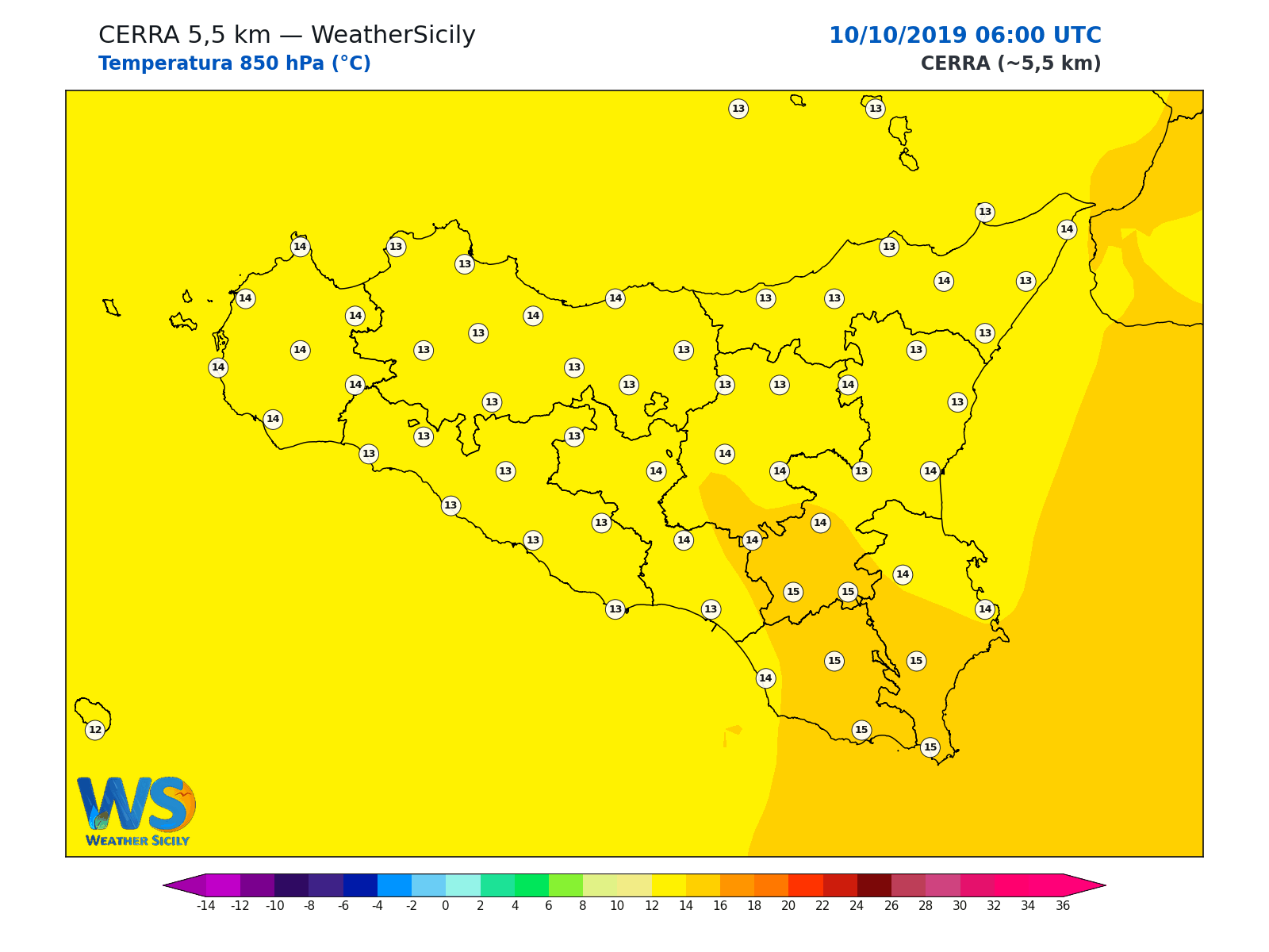 Temperatura a 850 hPa · 2019101006
