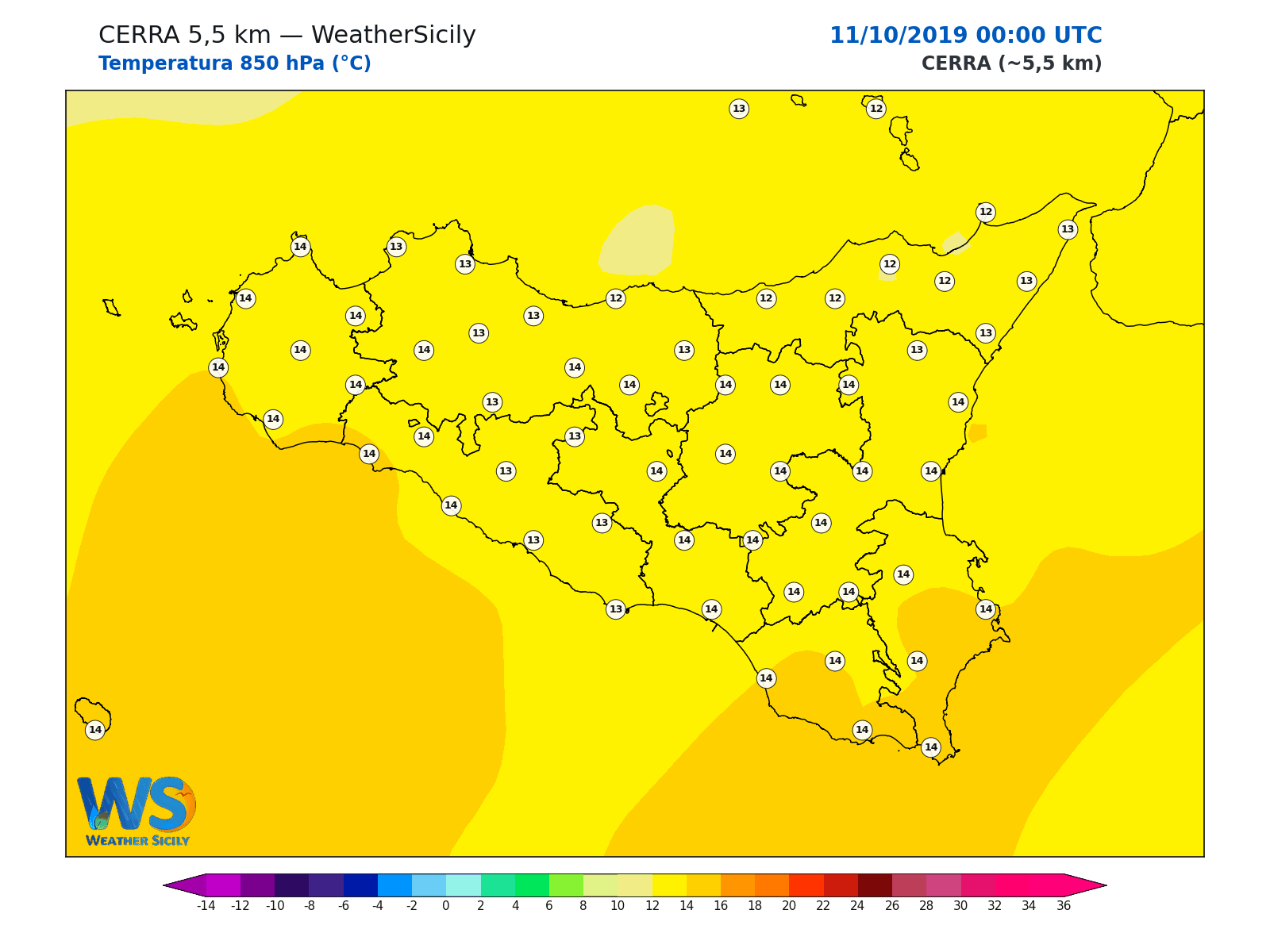 Temperatura a 850 hPa · 2019101100
