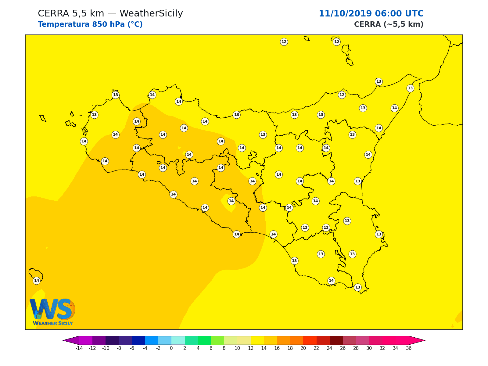 Temperatura a 850 hPa · 2019101106