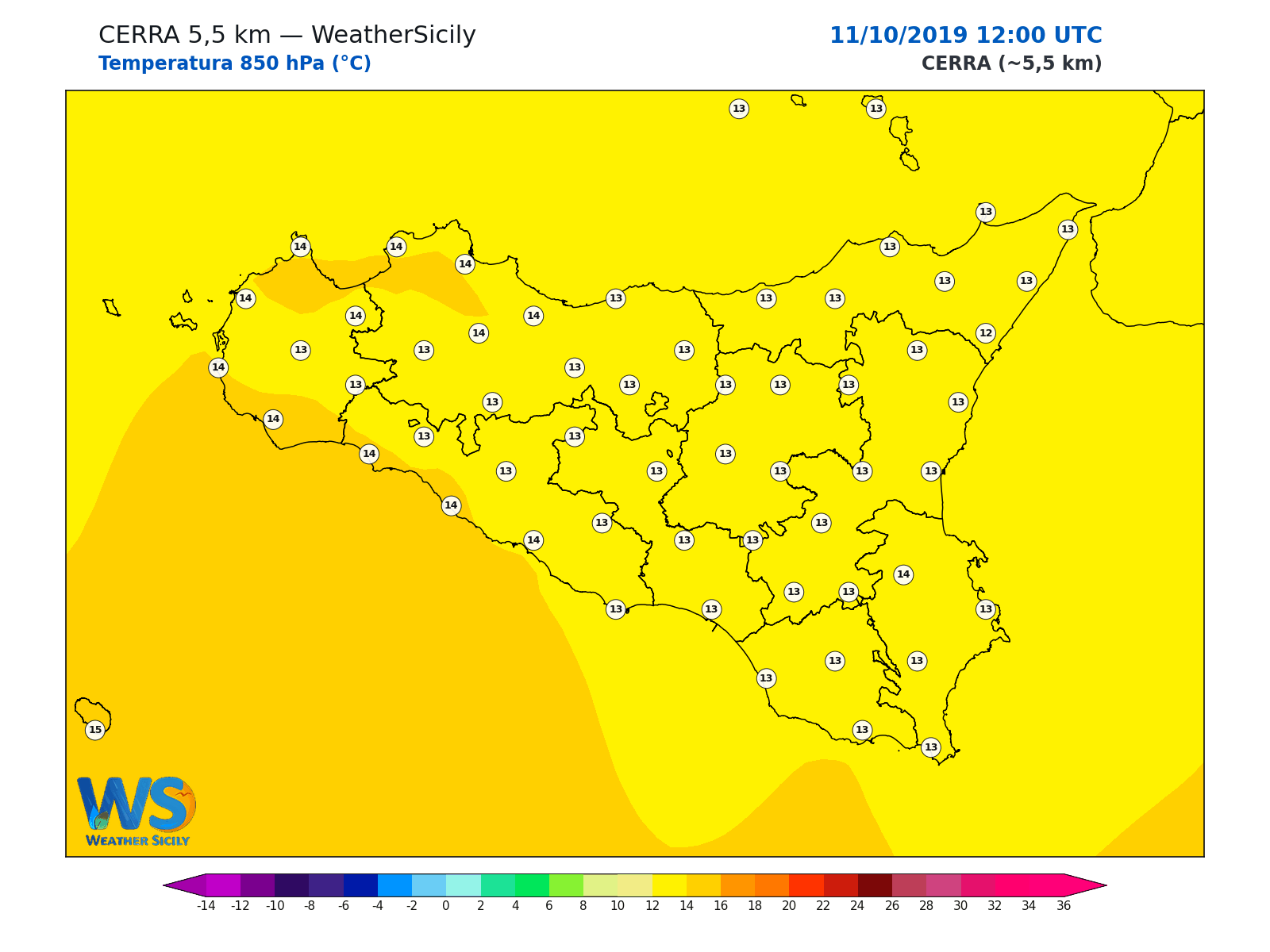Temperatura a 850 hPa · 2019101112
