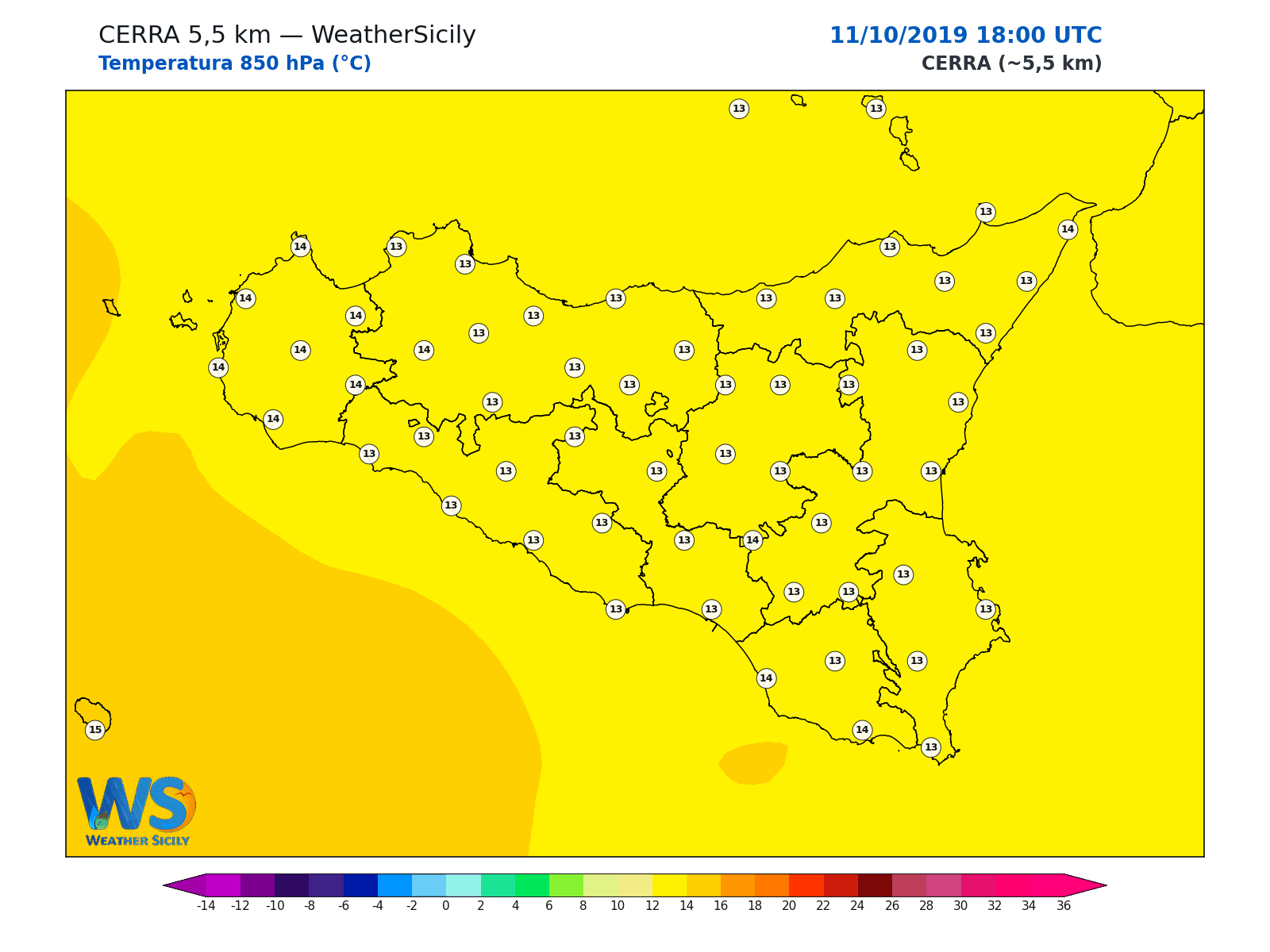Temperatura a 850 hPa · 2019101118