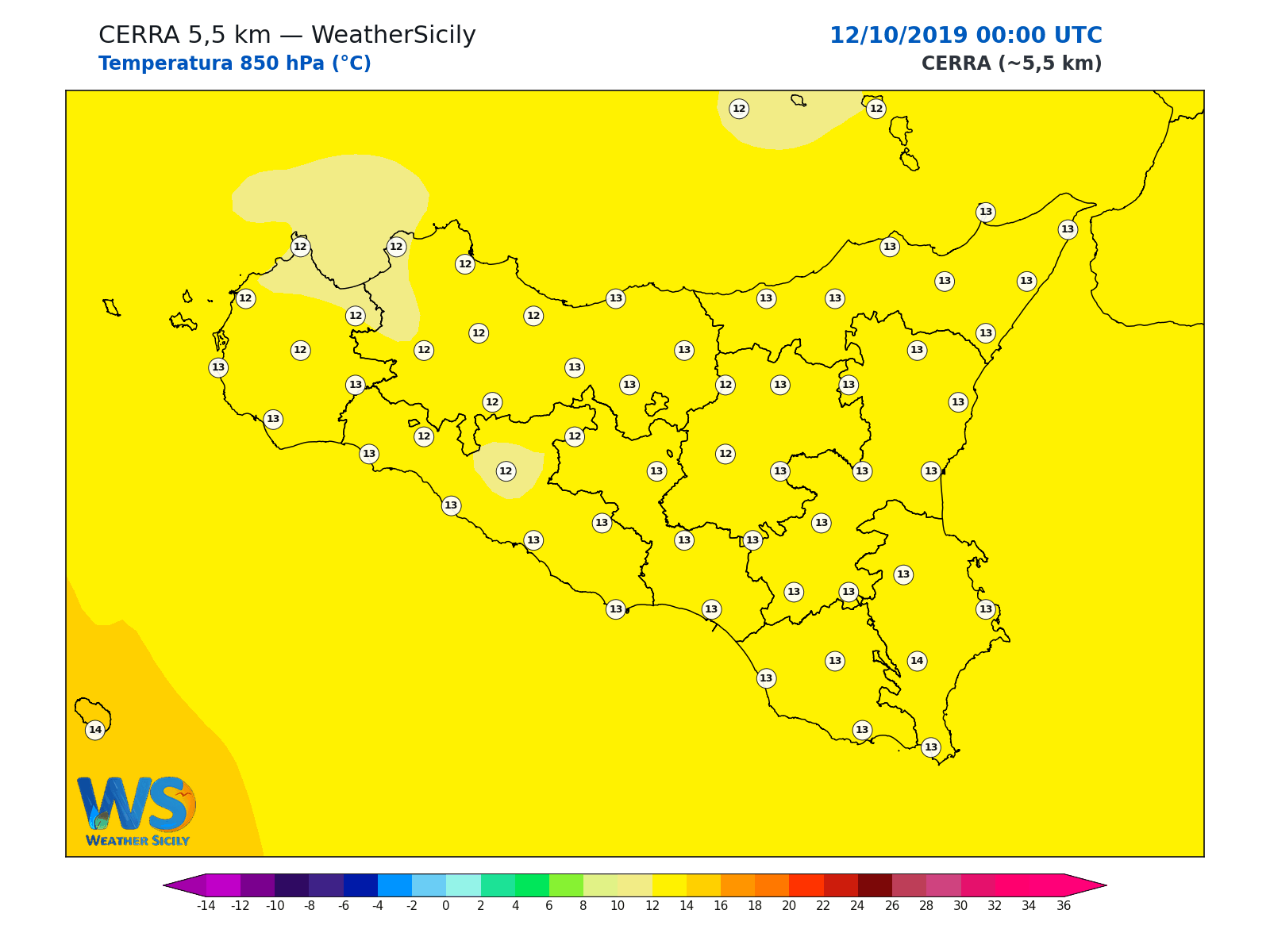 Temperatura a 850 hPa · 2019101200