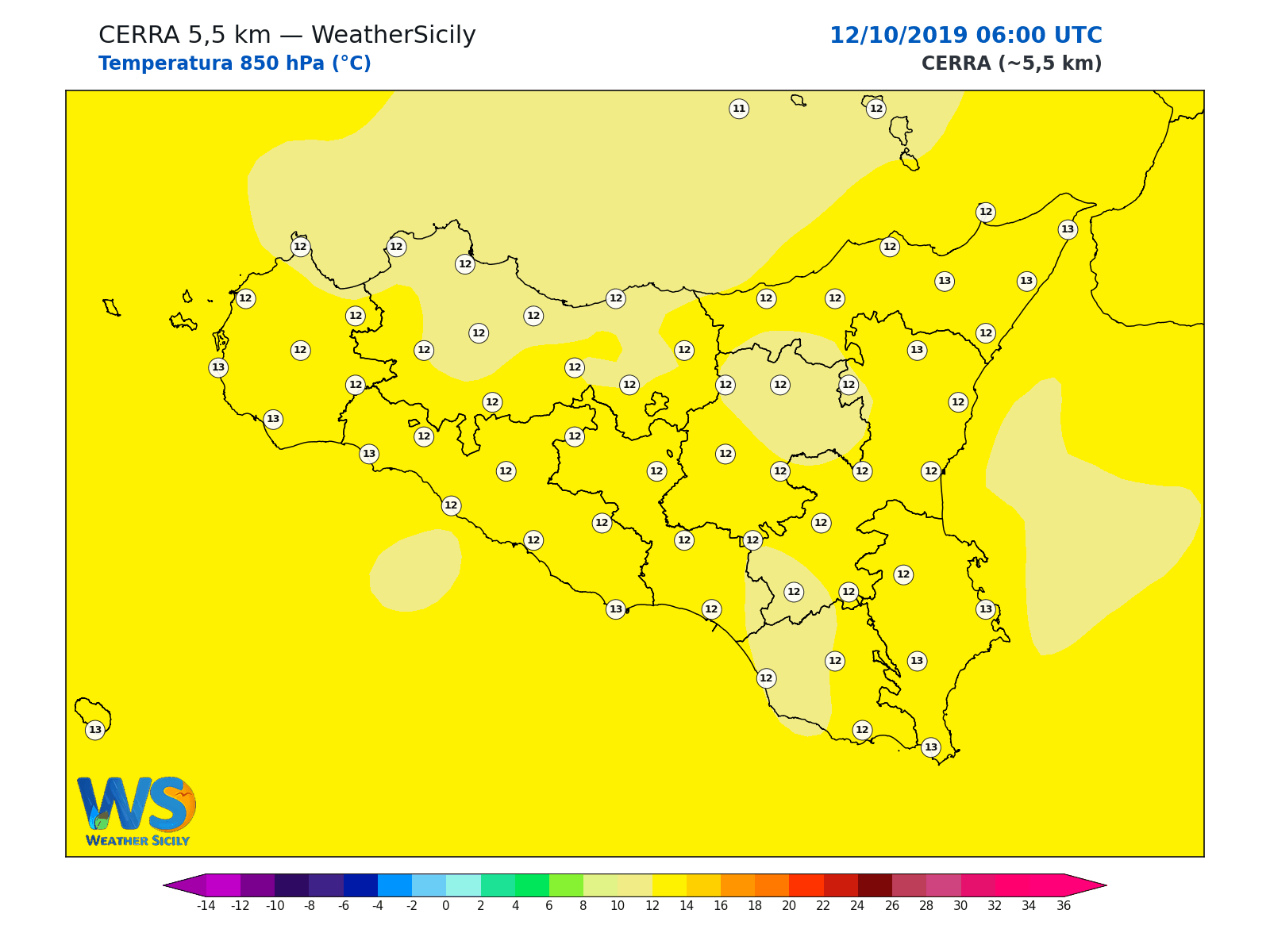 Temperatura a 850 hPa · 2019101206