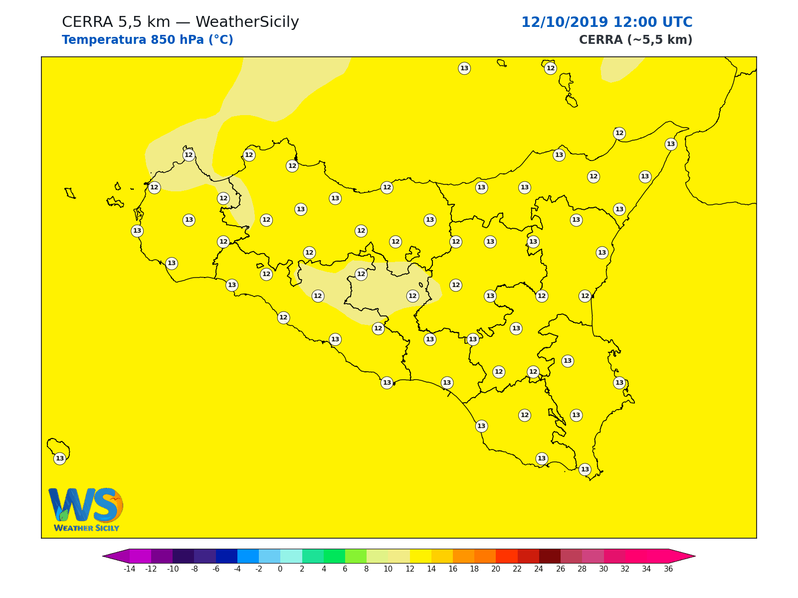 Temperatura a 850 hPa · 2019101212