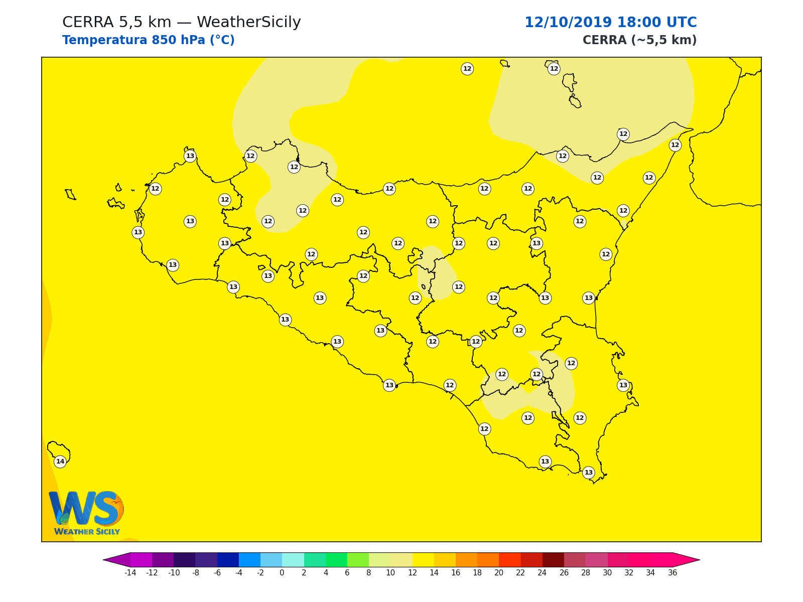 Temperatura a 850 hPa · 2019101218