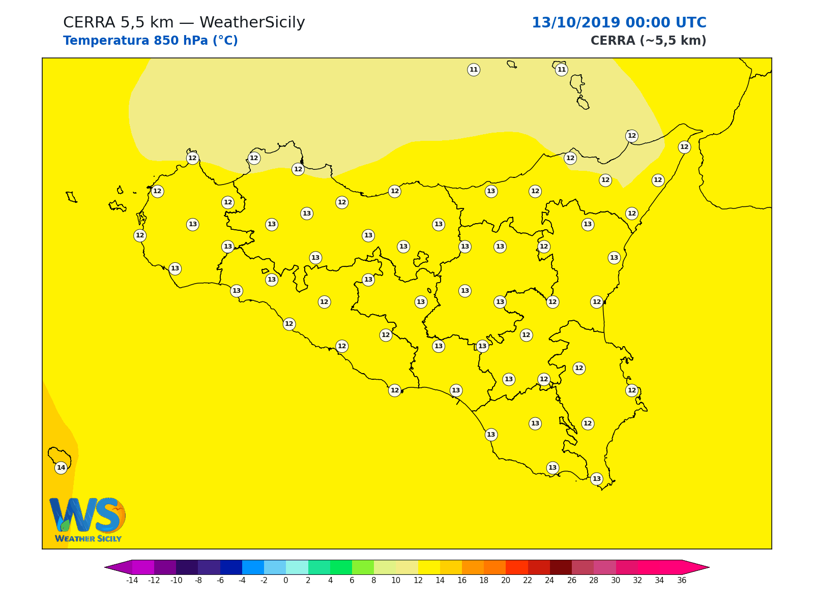 Temperatura a 850 hPa · 2019101300