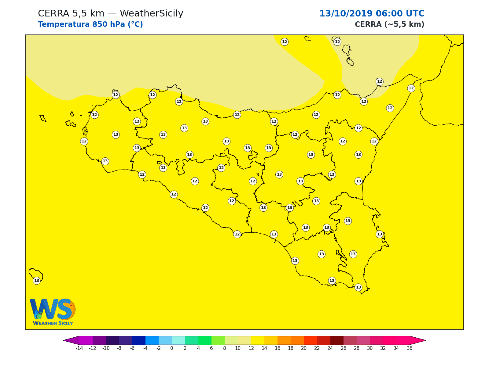Temperatura a 850 hPa · 2019101306
