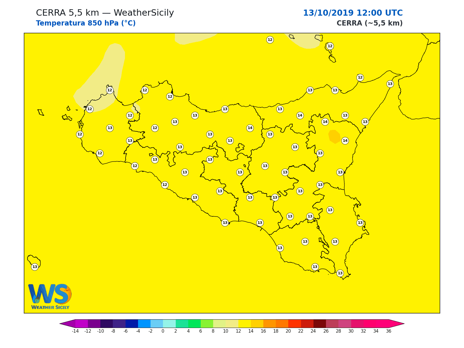Temperatura a 850 hPa · 2019101312