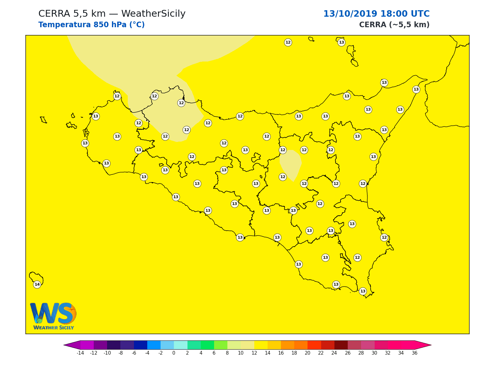 Temperatura a 850 hPa · 2019101318