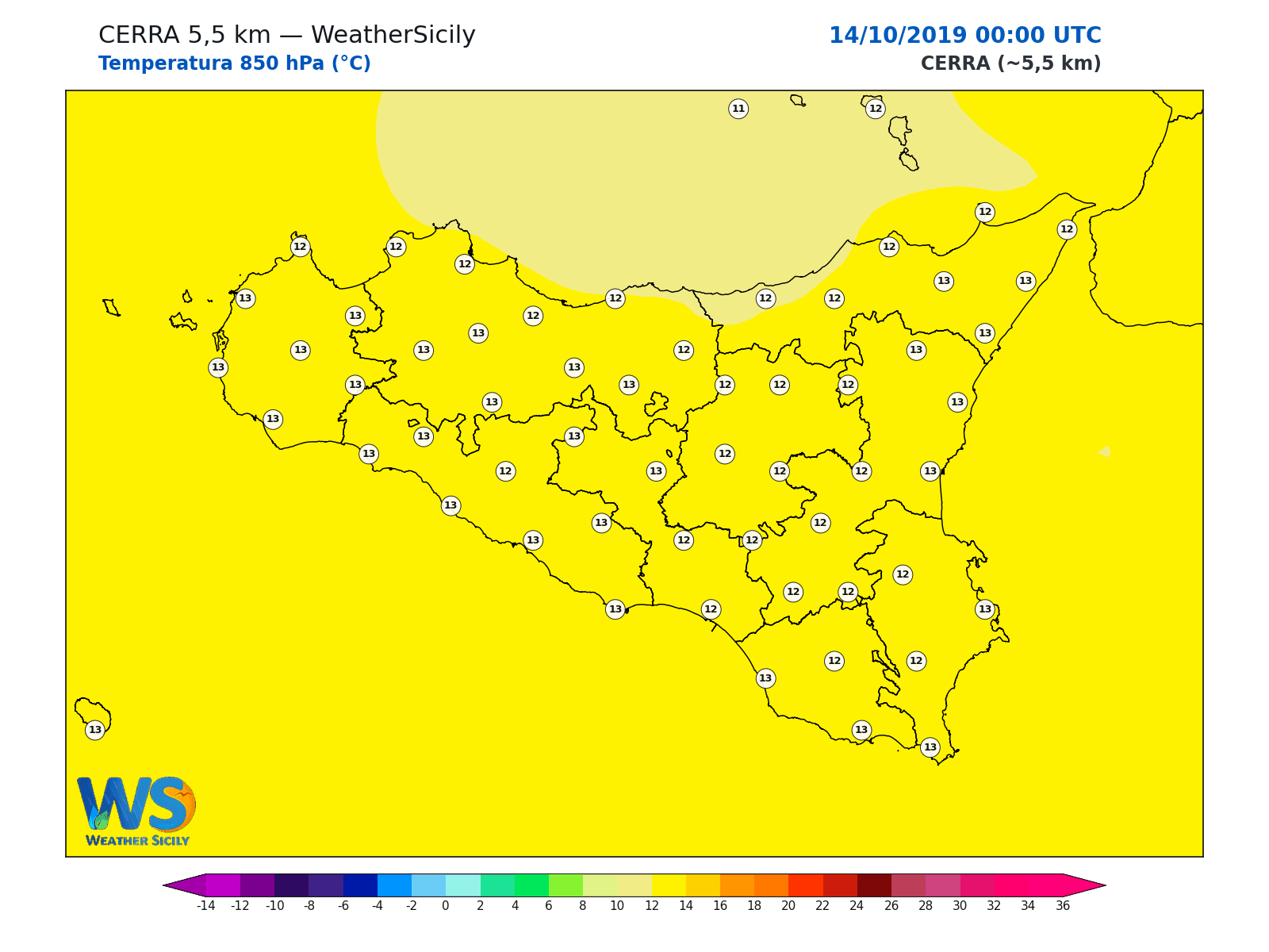 Temperatura a 850 hPa · 2019101400