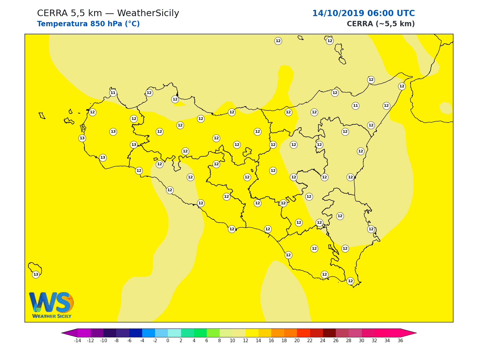 Temperatura a 850 hPa · 2019101406