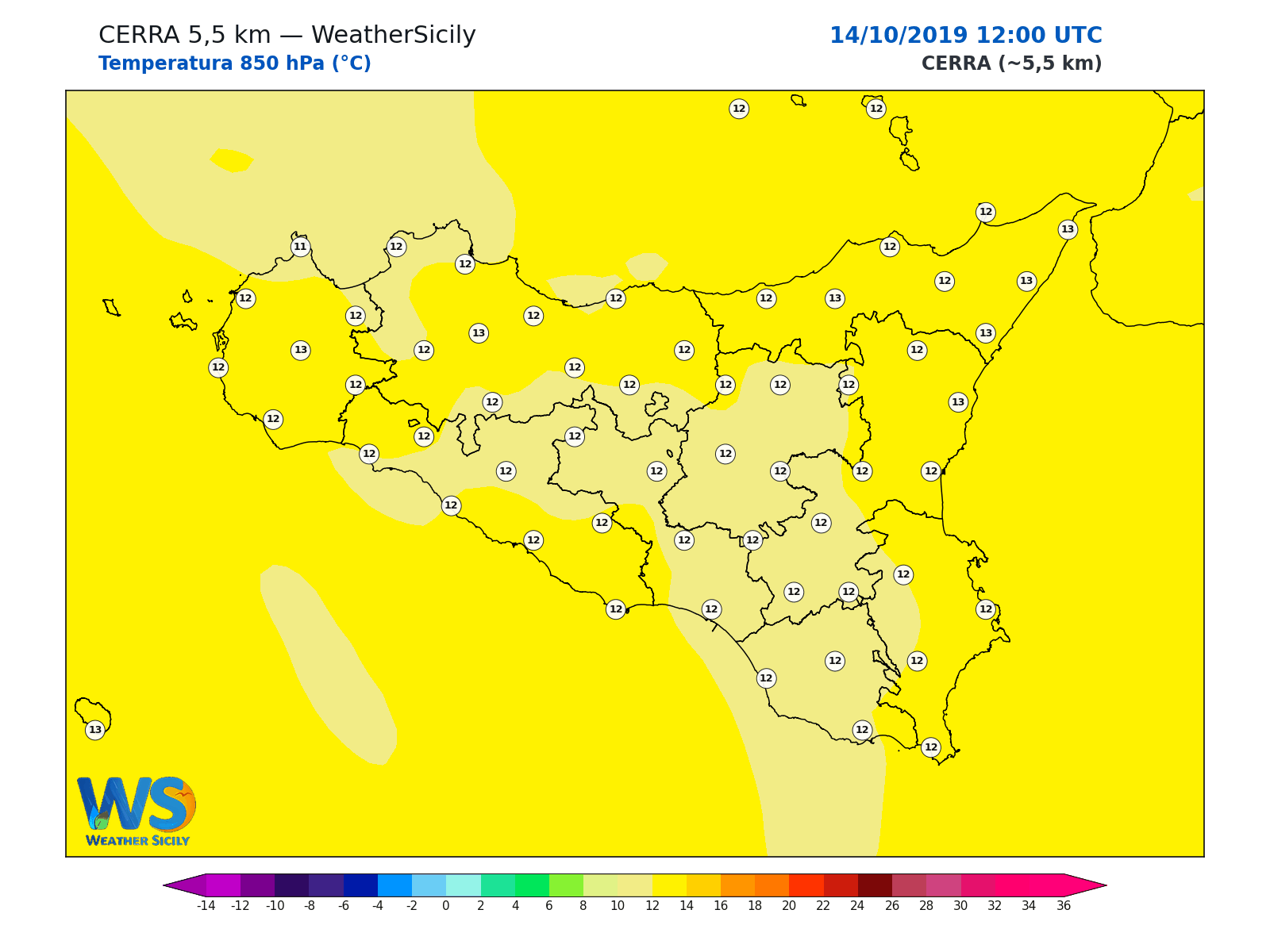 Temperatura a 850 hPa · 2019101412
