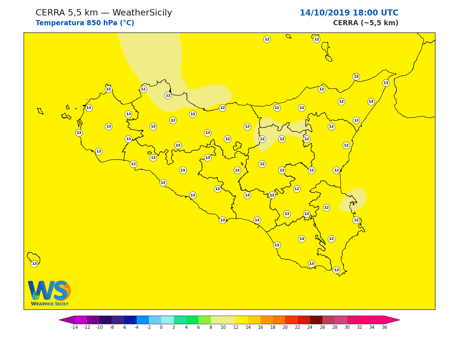 Temperatura a 850 hPa · 2019101418