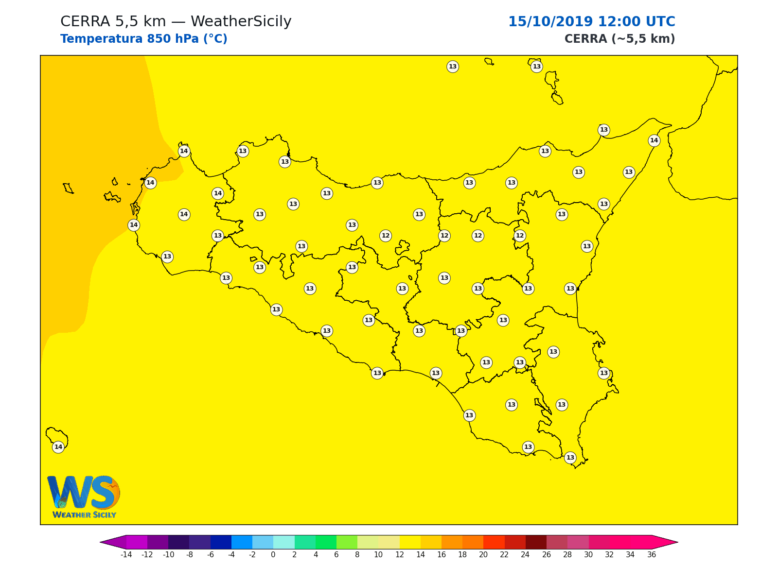 Temperatura a 850 hPa · 2019101512