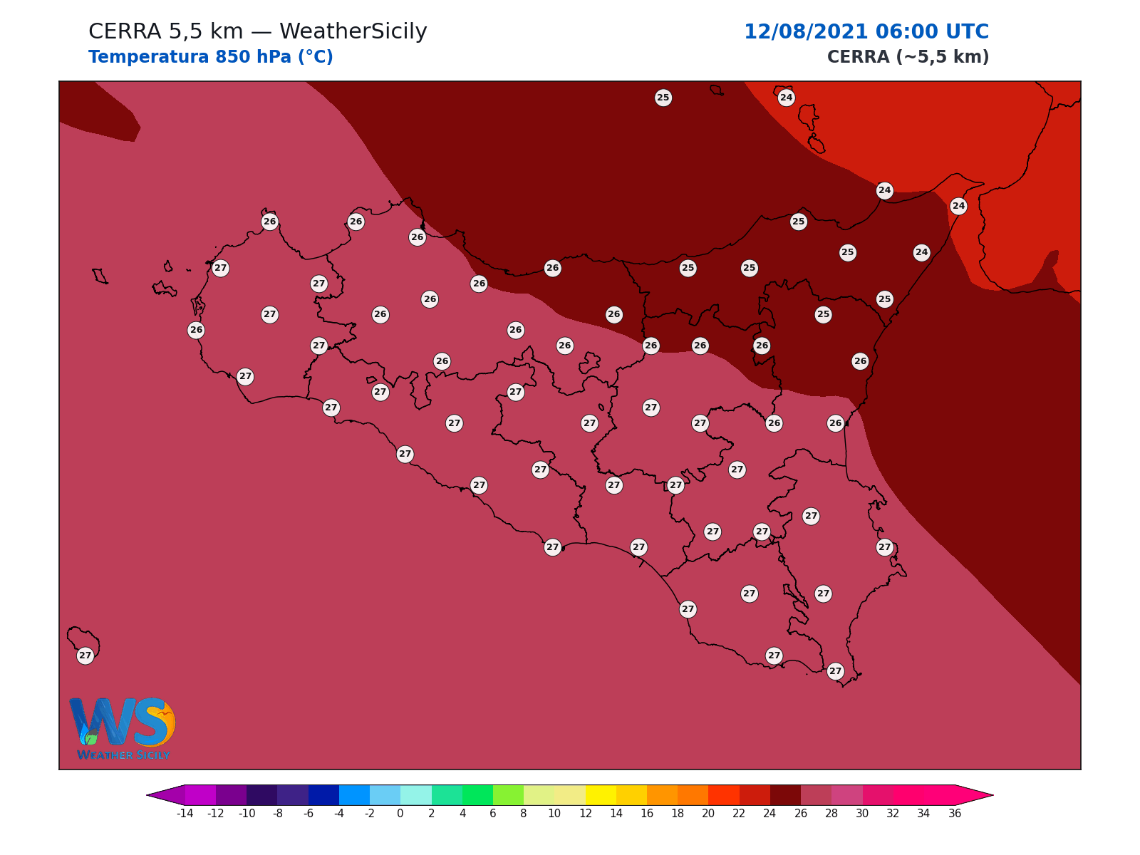 Temperatura a 850 hPa · 2021081206