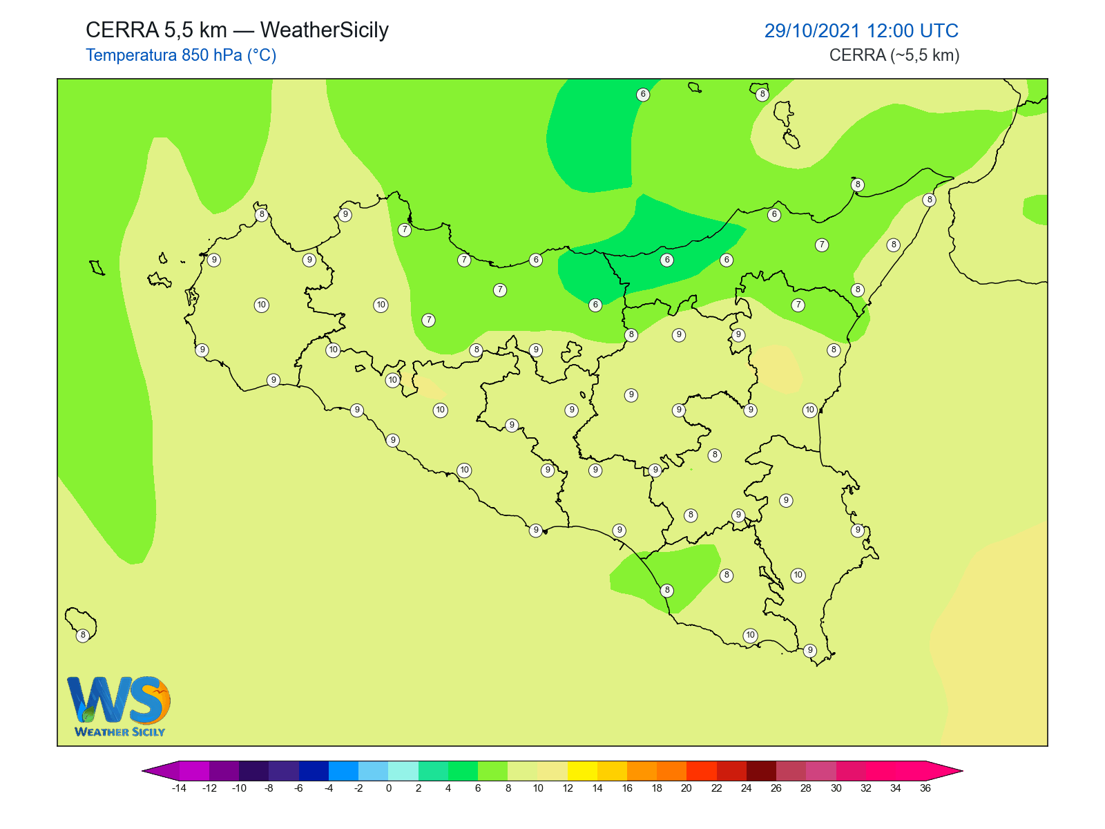 Temperatura a 850 hPa · 2021102912