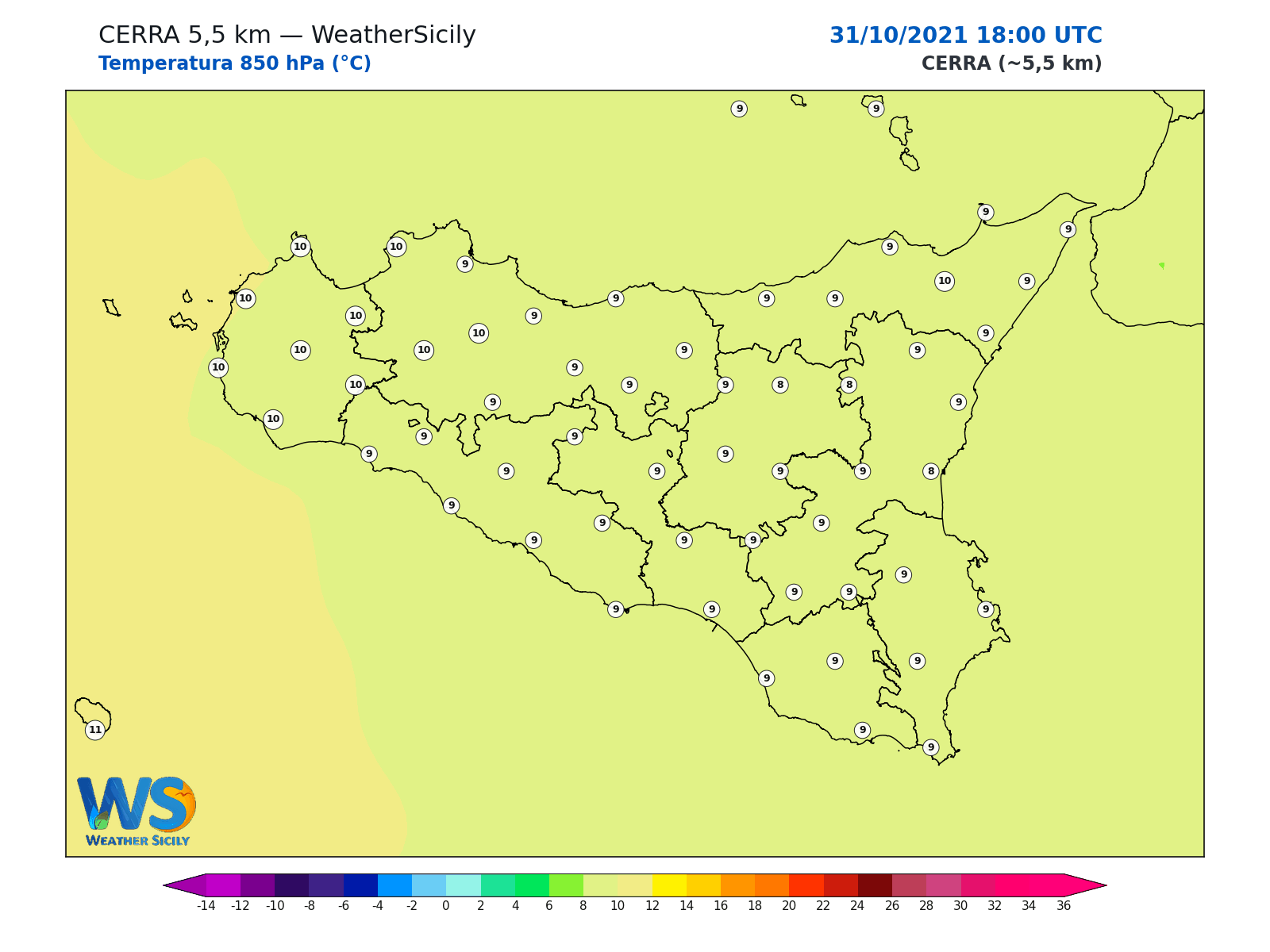 Temperatura a 850 hPa · 2021103118