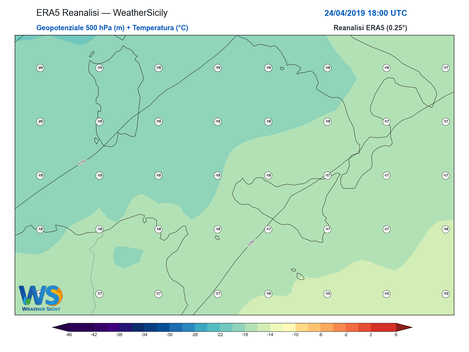 Geopotenziale 500 hPa + Temperatura · 2019042418