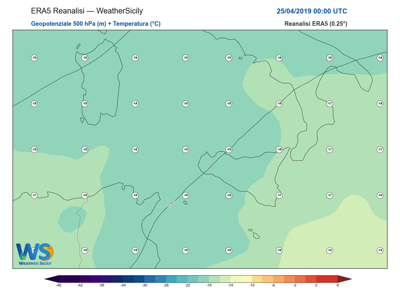 Geopotenziale 500 hPa + Temperatura · 2019042500