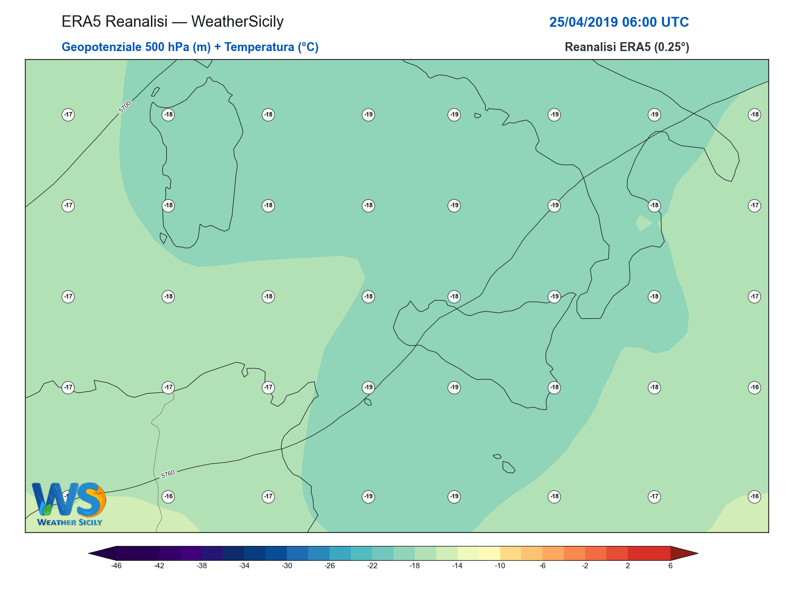 Geopotenziale 500 hPa + Temperatura · 2019042506