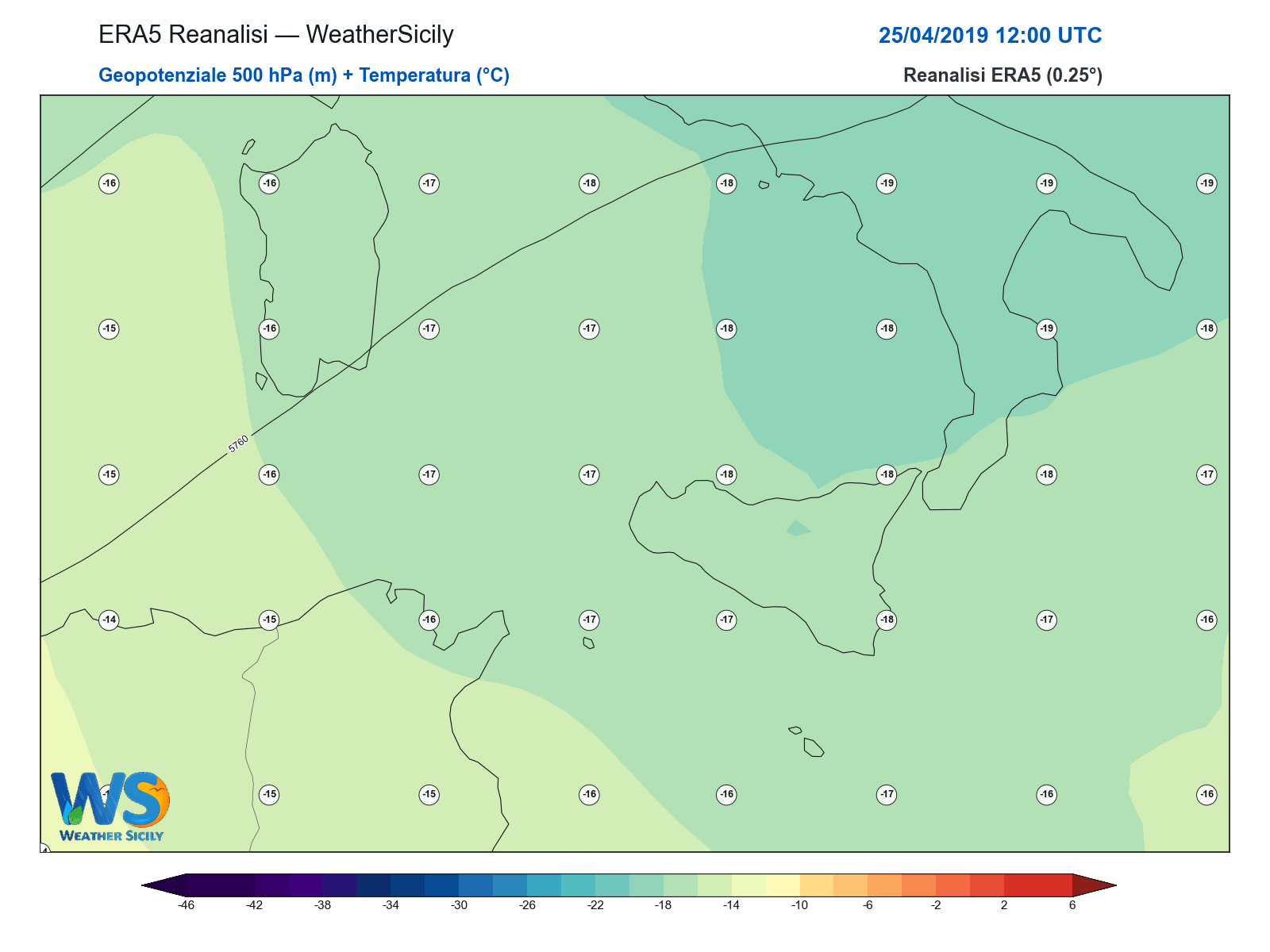 Geopotenziale 500 hPa + Temperatura · 2019042512