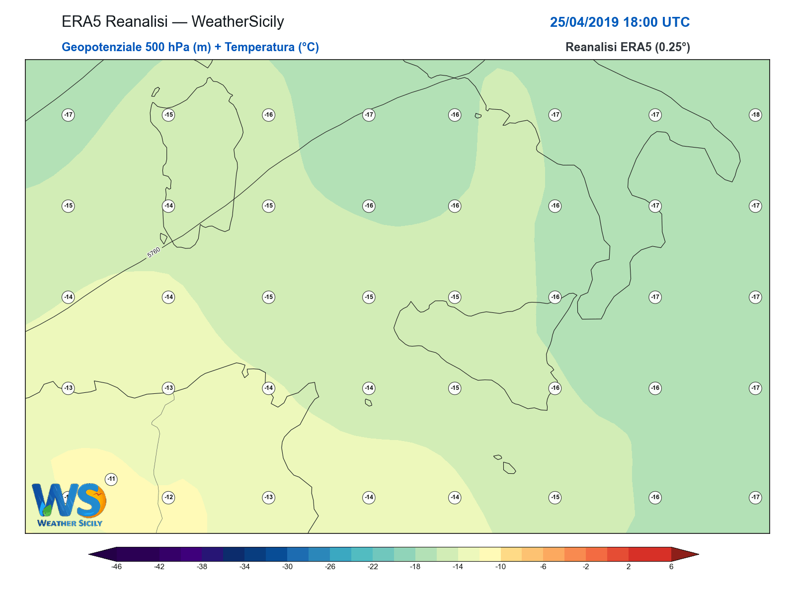 Geopotenziale 500 hPa + Temperatura · 2019042518