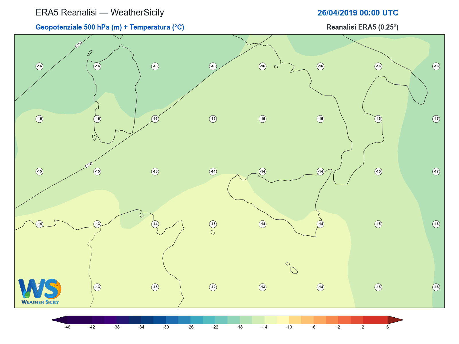 Geopotenziale 500 hPa + Temperatura · 2019042600