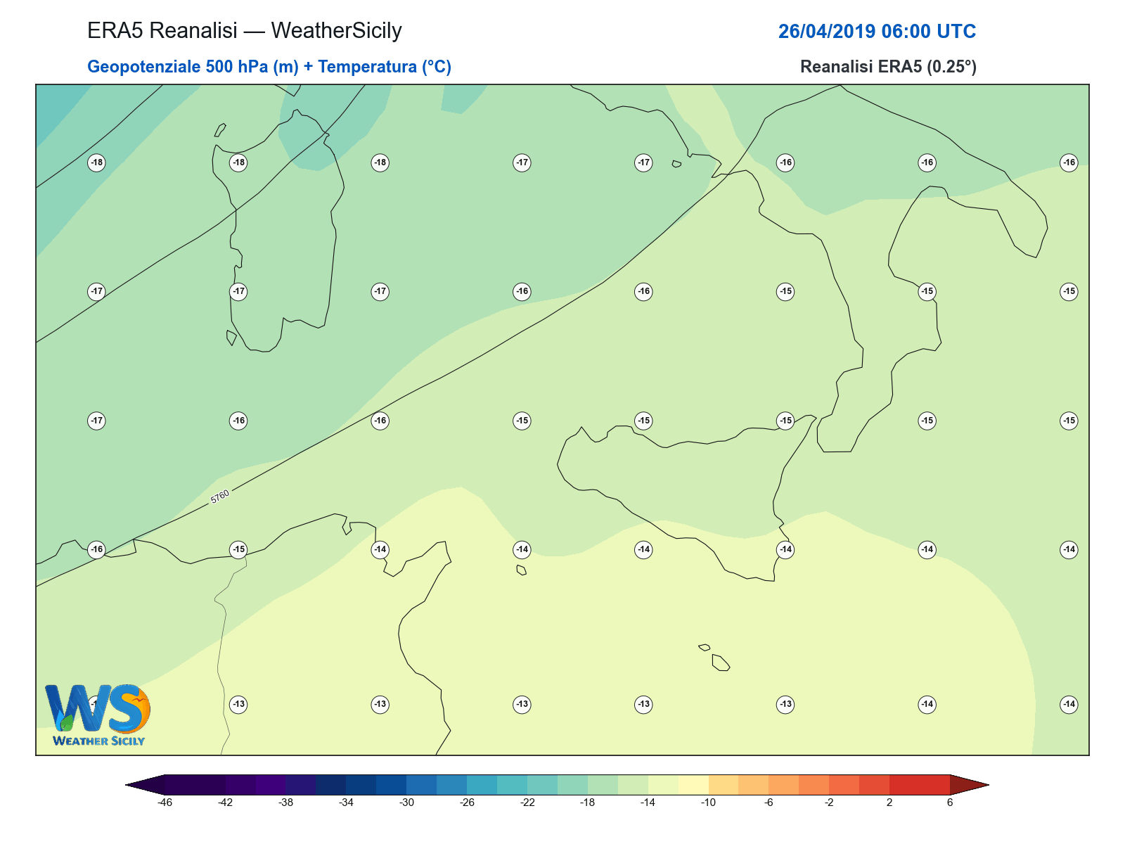 Geopotenziale 500 hPa + Temperatura · 2019042606
