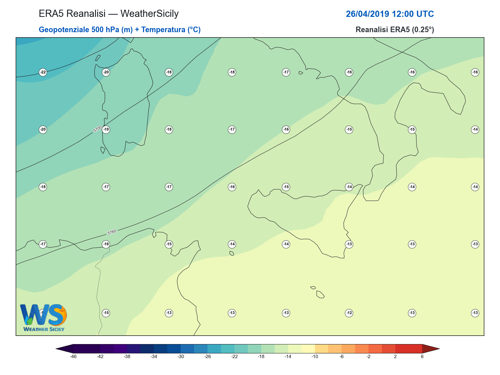Geopotenziale 500 hPa + Temperatura · 2019042612