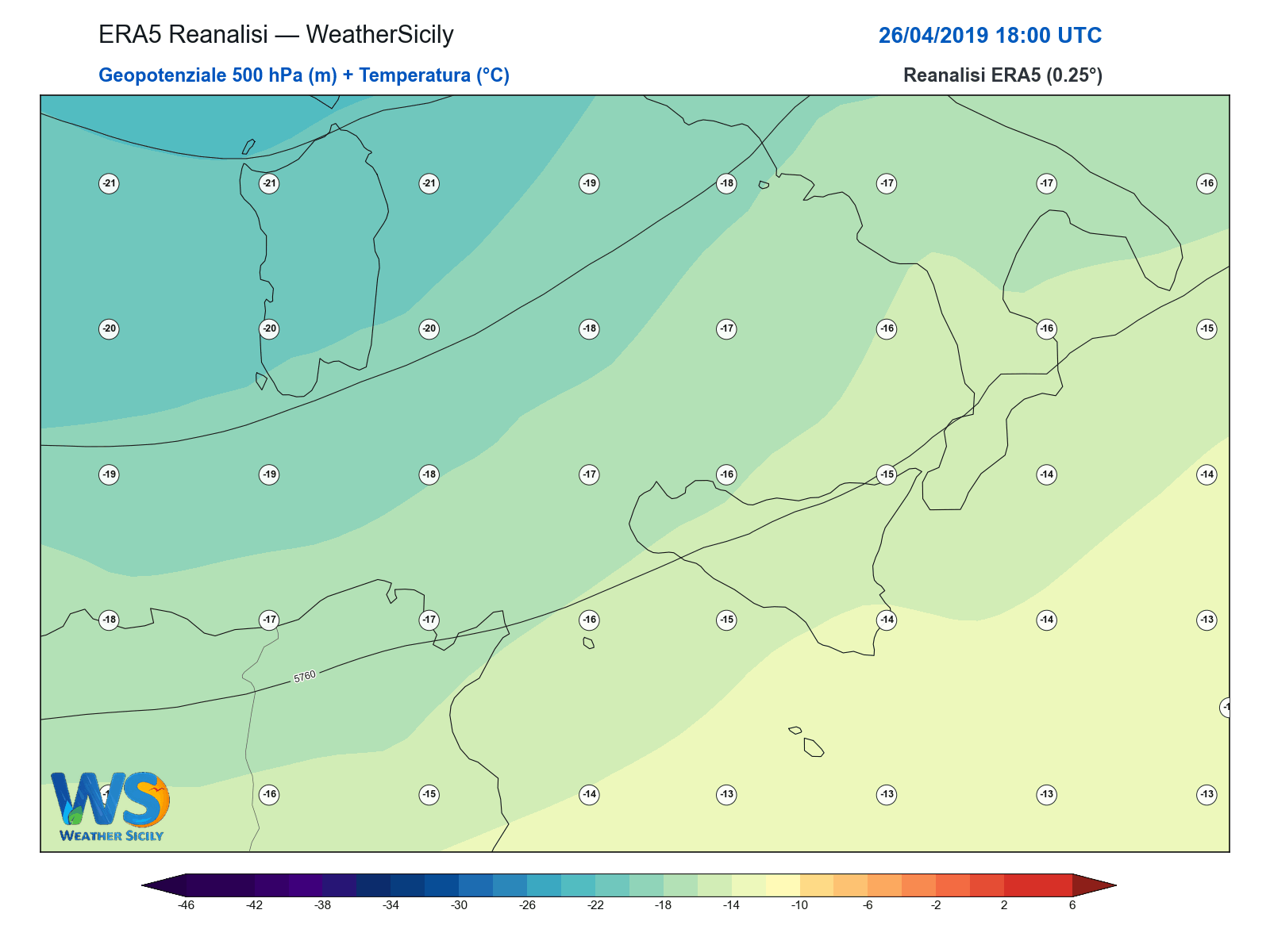 Geopotenziale 500 hPa + Temperatura · 2019042618