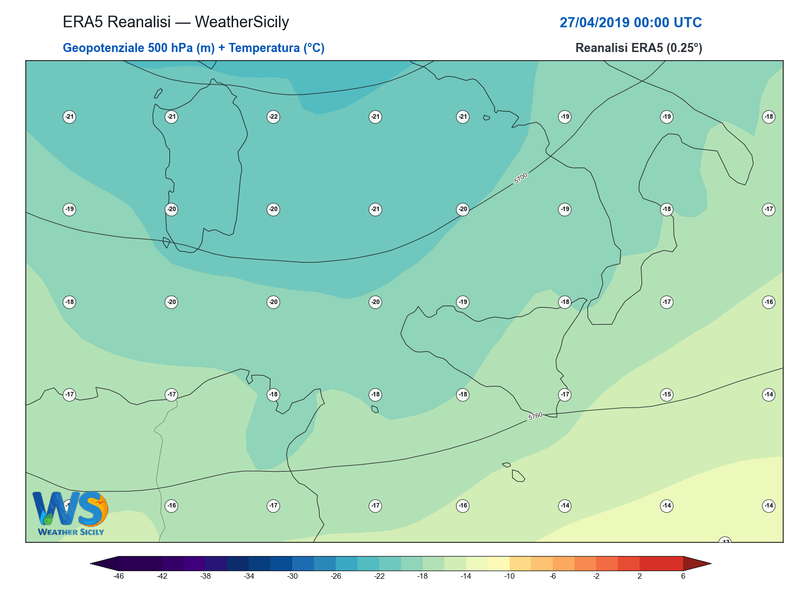 Geopotenziale 500 hPa + Temperatura · 2019042700