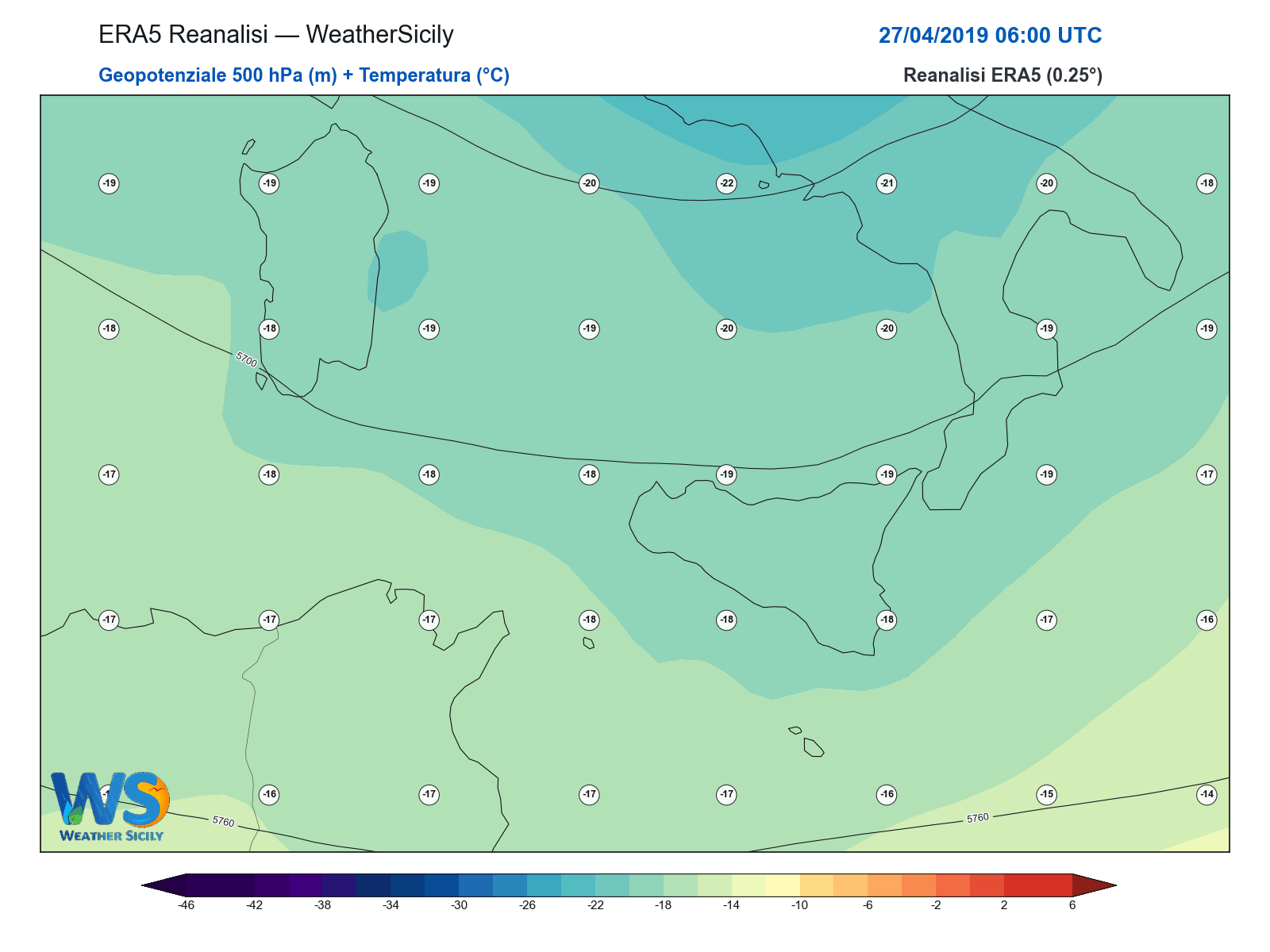Geopotenziale 500 hPa + Temperatura · 2019042706