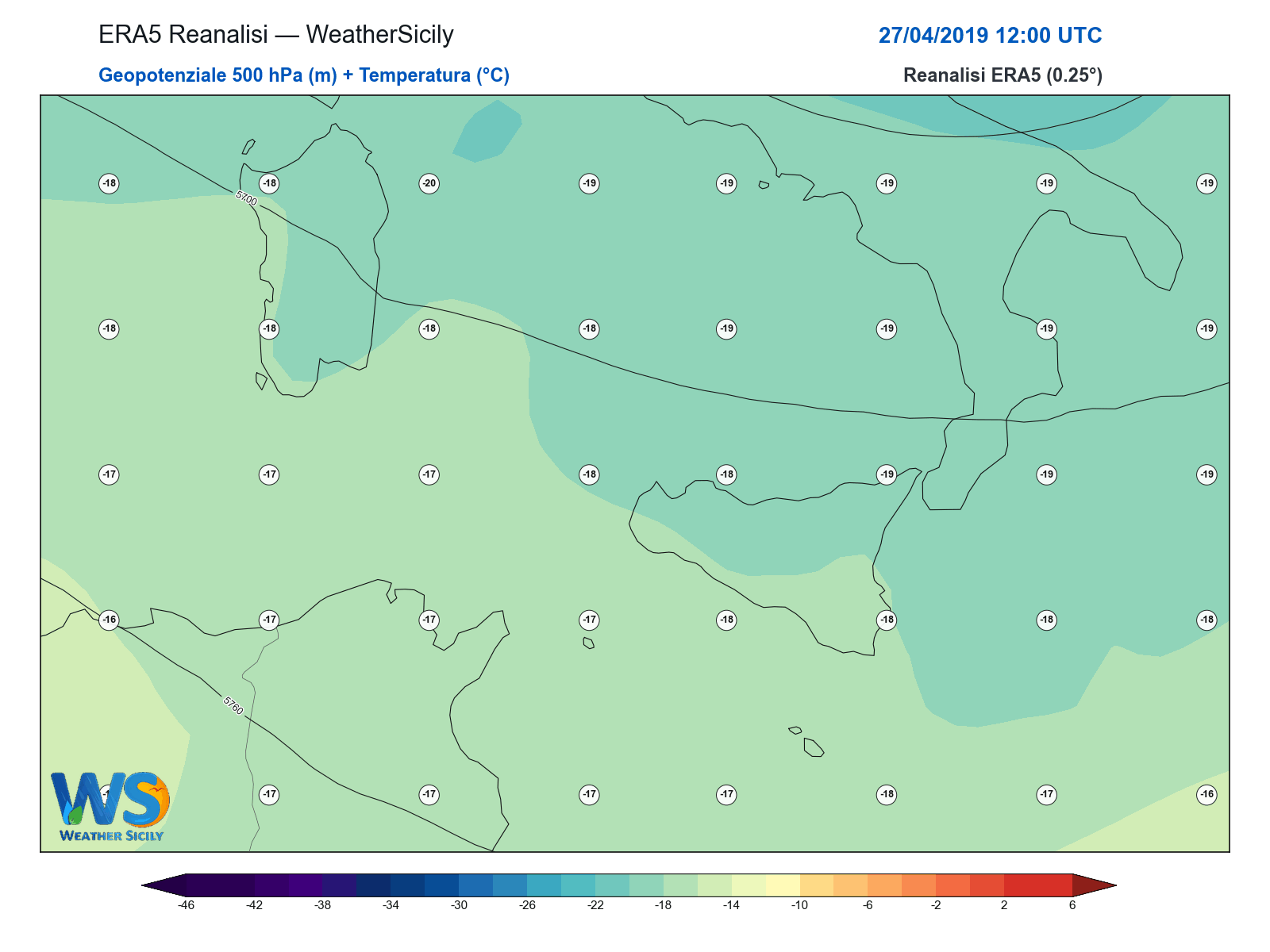 Geopotenziale 500 hPa + Temperatura · 2019042712