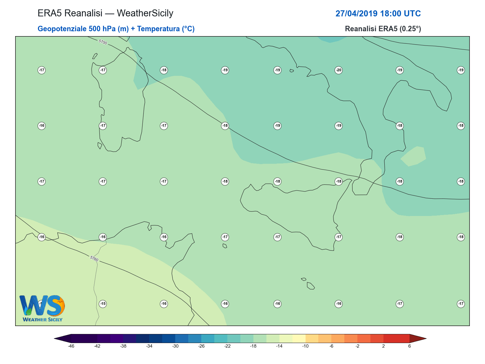 Geopotenziale 500 hPa + Temperatura · 2019042718