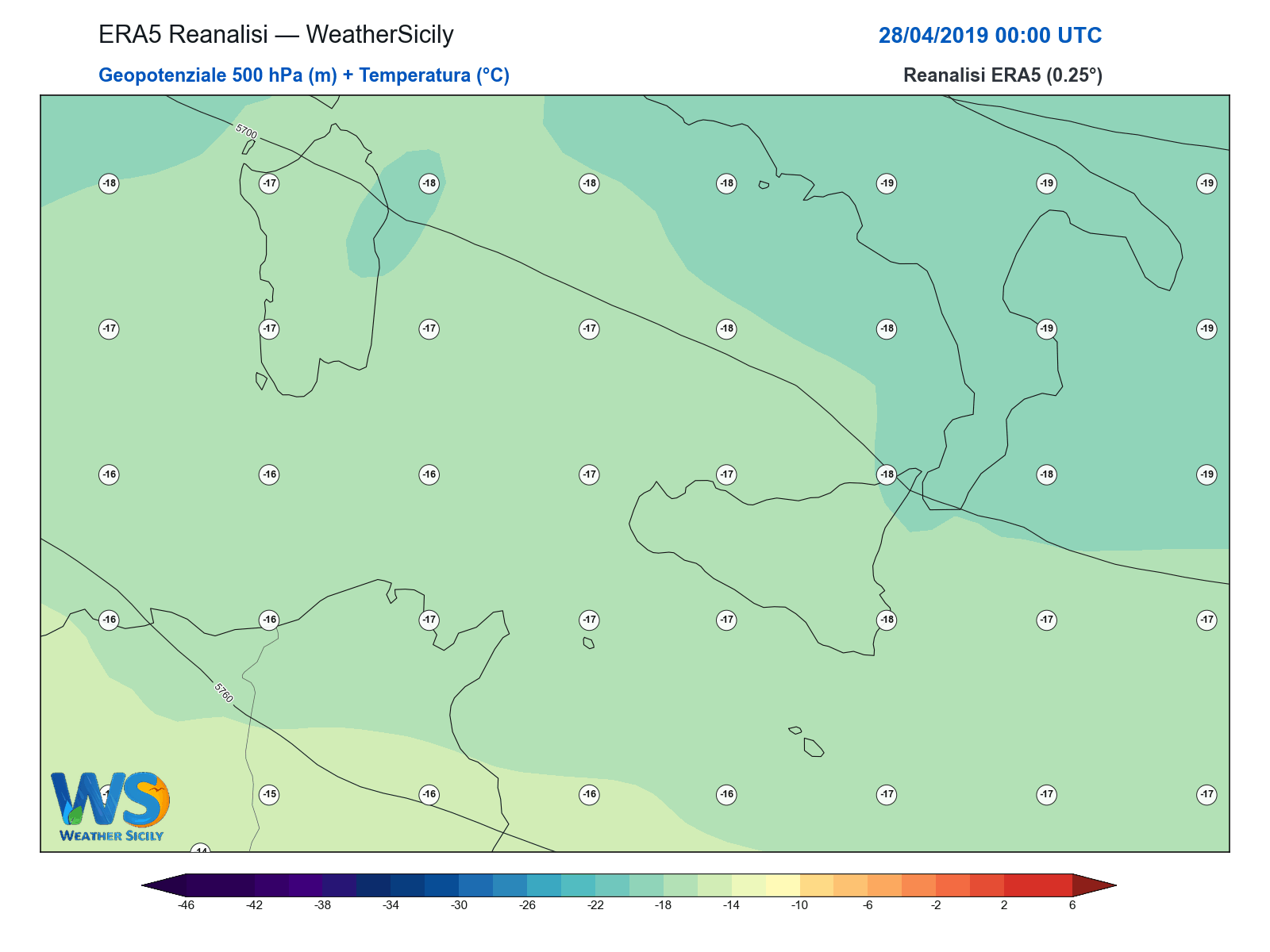 Geopotenziale 500 hPa + Temperatura · 2019042800