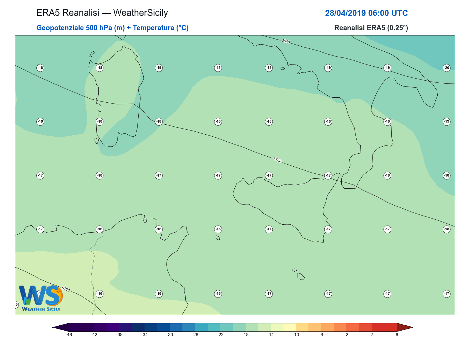 Geopotenziale 500 hPa + Temperatura · 2019042806