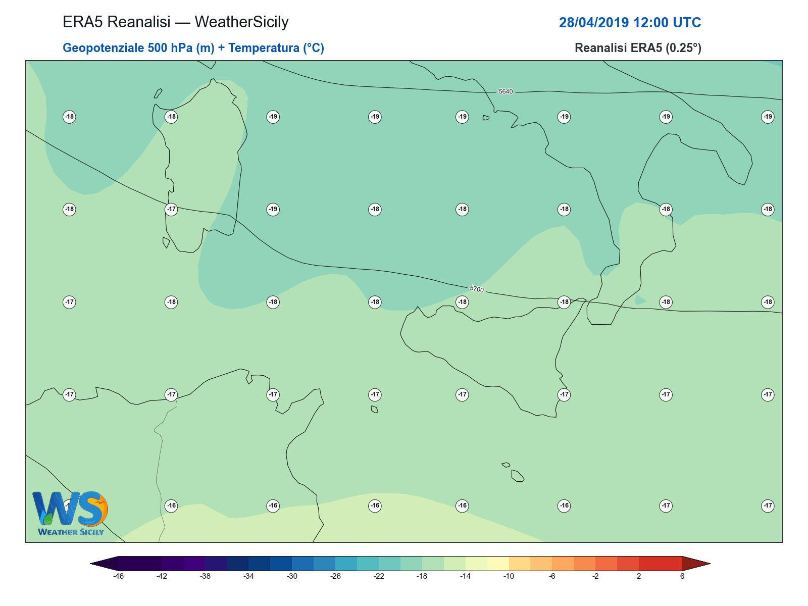 Geopotenziale 500 hPa + Temperatura · 2019042812
