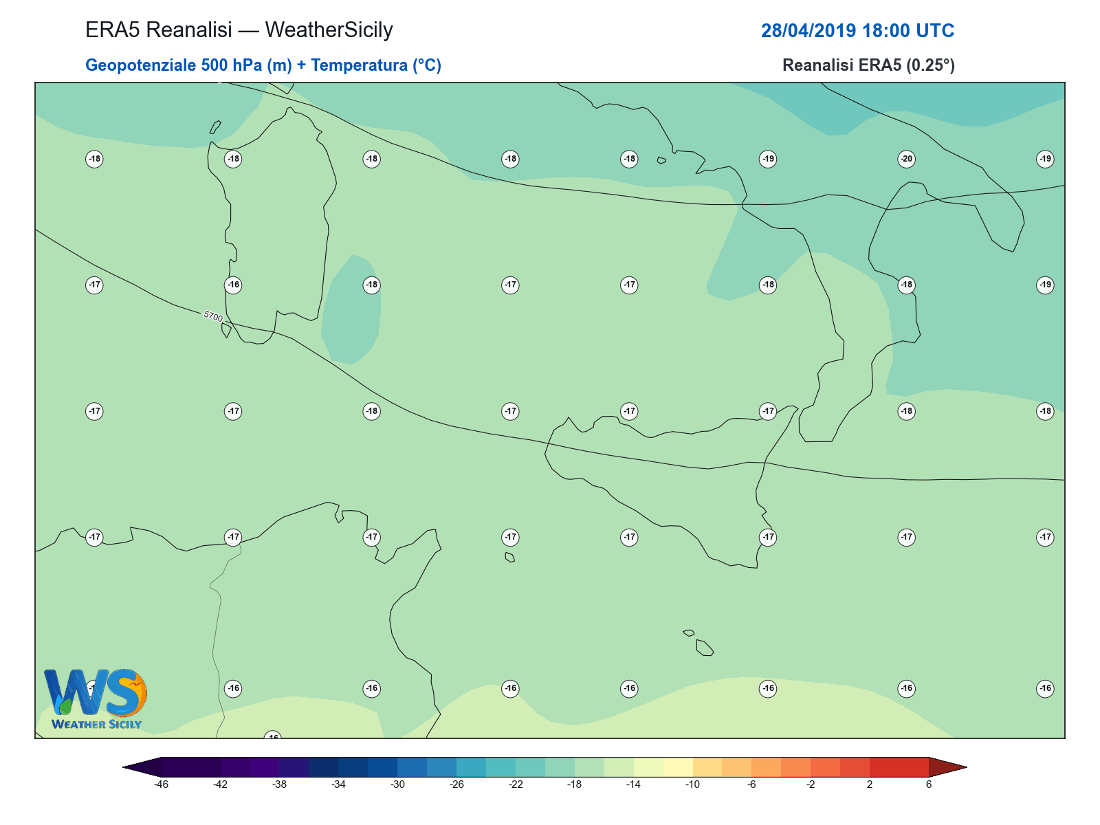 Geopotenziale 500 hPa + Temperatura · 2019042818