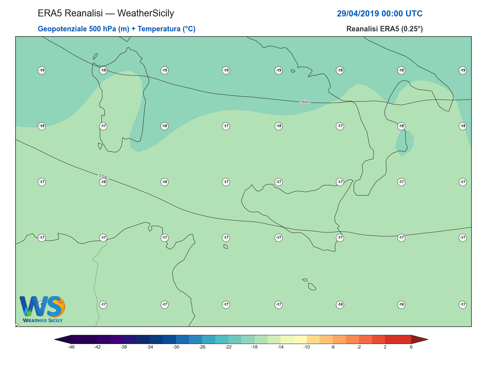 Geopotenziale 500 hPa + Temperatura · 2019042900