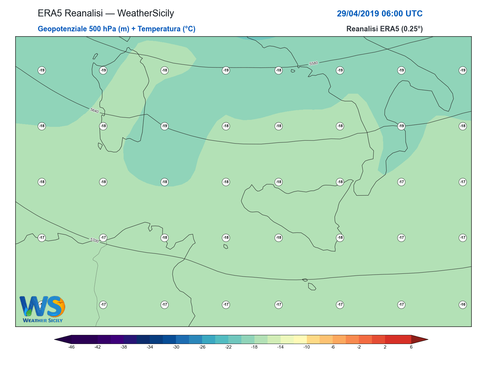 Geopotenziale 500 hPa + Temperatura · 2019042906