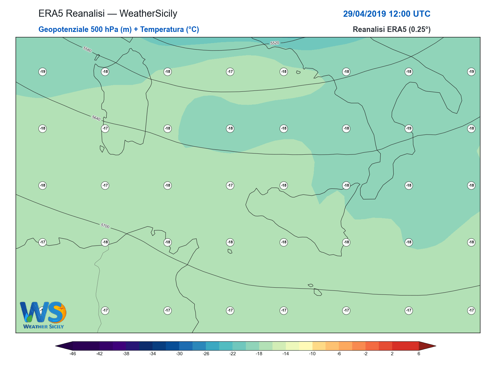 Geopotenziale 500 hPa + Temperatura · 2019042912