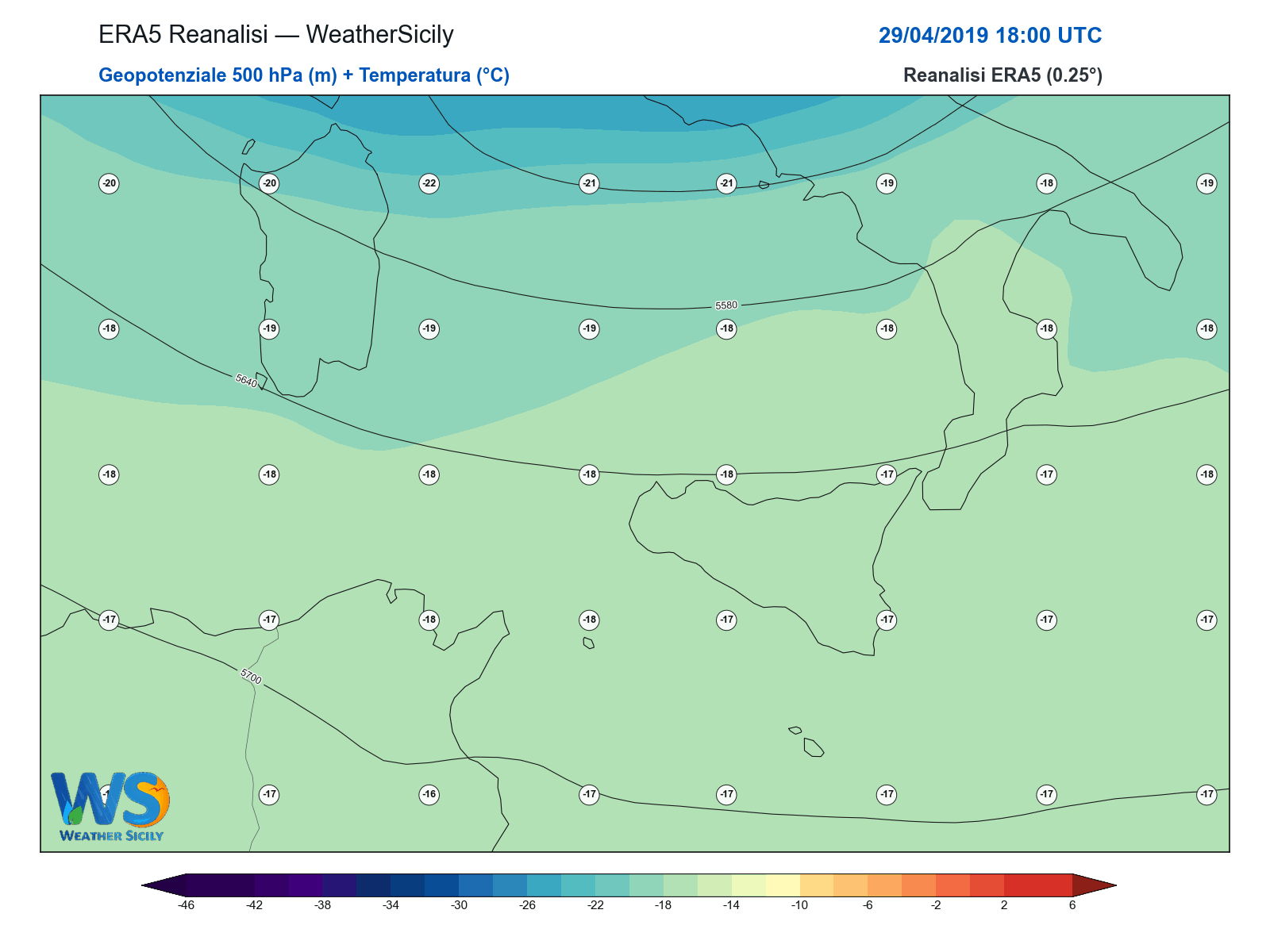 Geopotenziale 500 hPa + Temperatura · 2019042918