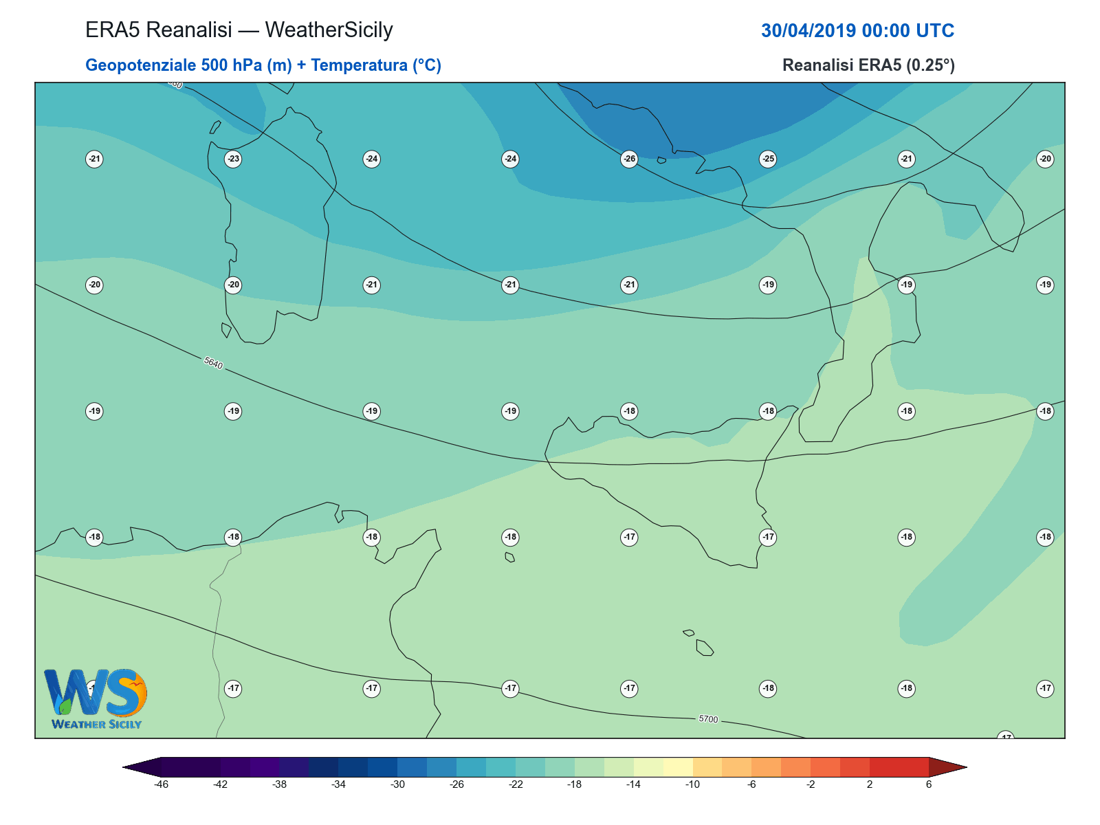Geopotenziale 500 hPa + Temperatura · 2019043000