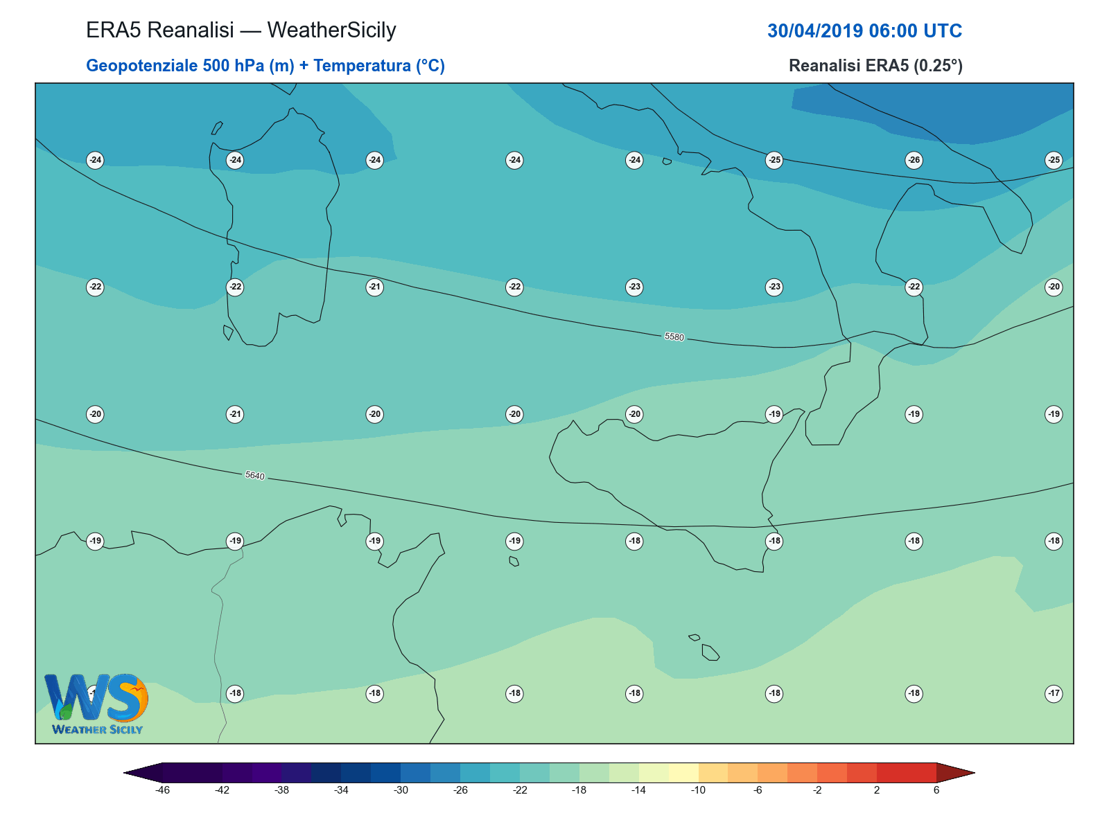Geopotenziale 500 hPa + Temperatura · 2019043006