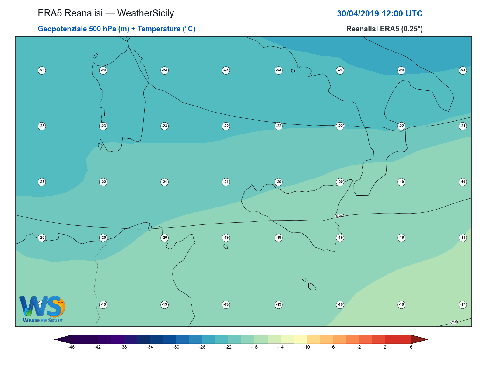 Geopotenziale 500 hPa + Temperatura · 2019043012